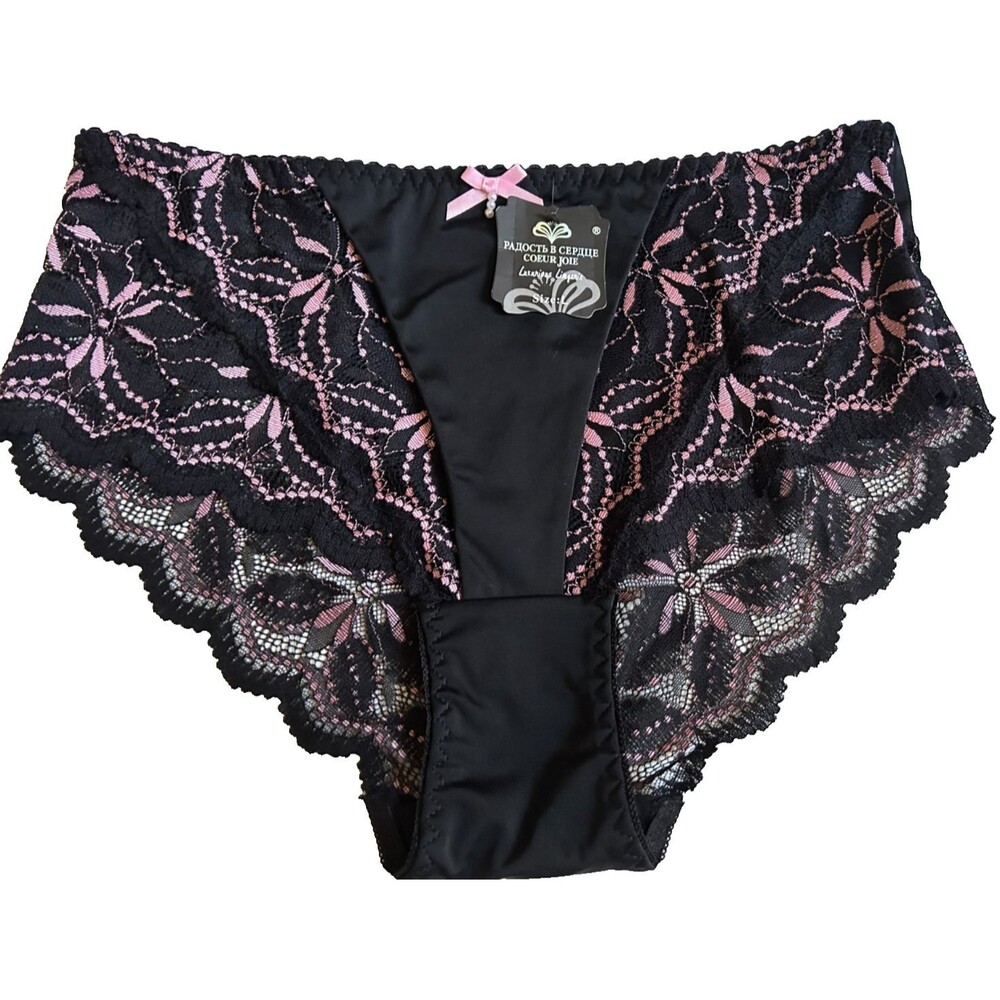 Women's M/L Black High Waist Panties Lace Trim Seamless Scalloped Full Briefs